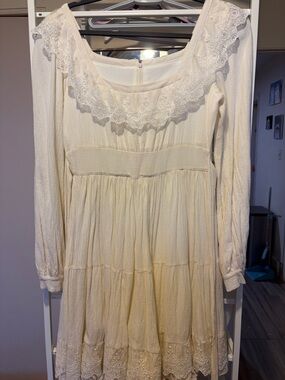 Ivory Lace Trim Long Sleeve Boho Dress